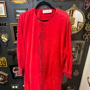 Vintage Christian Dior• Coral Red Velour Zip Front Robe• size XL